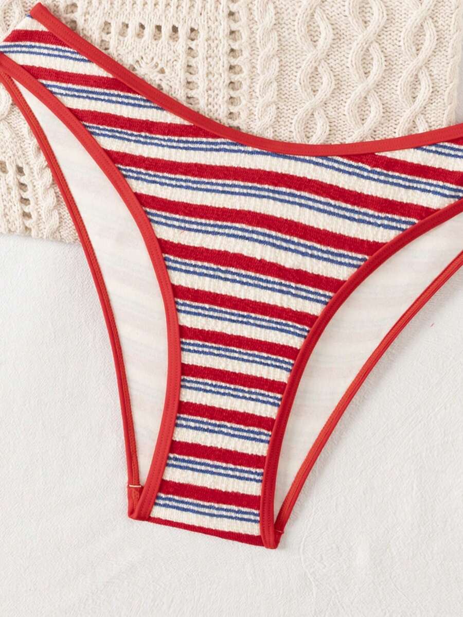 Apricot ribbed high waist two piece bikini swimsuit set for women featuring backless spaghetti strap top and high waisted bottoms.