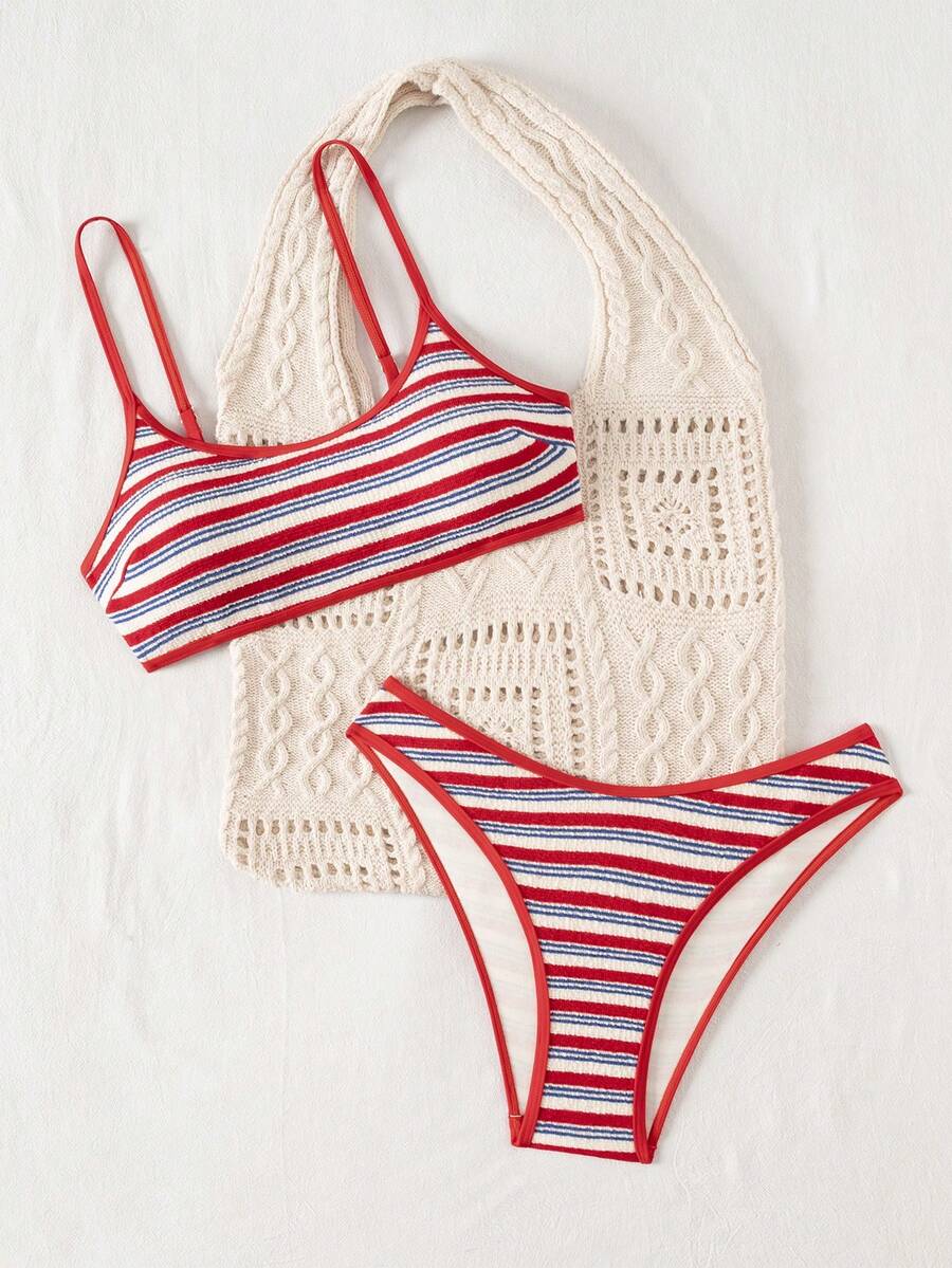 Apricot ribbed high waist two piece bikini swimsuit set for women featuring backless spaghetti strap top and high waisted bottoms.