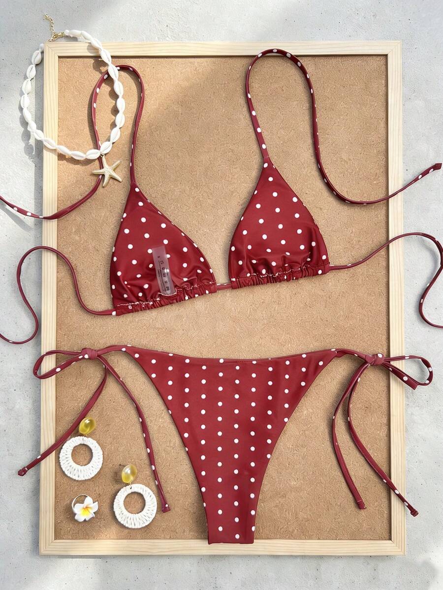 Women's high waist 2-piece triangle bikini set featuring colorblock trim, halter neckline, wireless bra with removable padding, and tie-side bottoms.