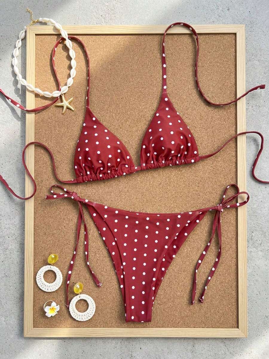Women's high waist 2-piece triangle bikini set featuring colorblock trim, halter neckline, wireless bra with removable padding, and tie-side bottoms.