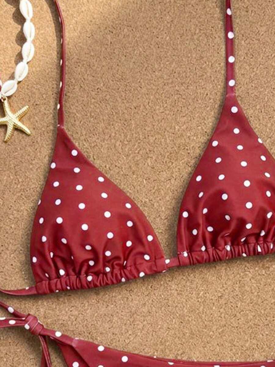 Women's high waist 2-piece triangle bikini set featuring colorblock trim, halter neckline, wireless bra with removable padding, and tie-side bottoms.