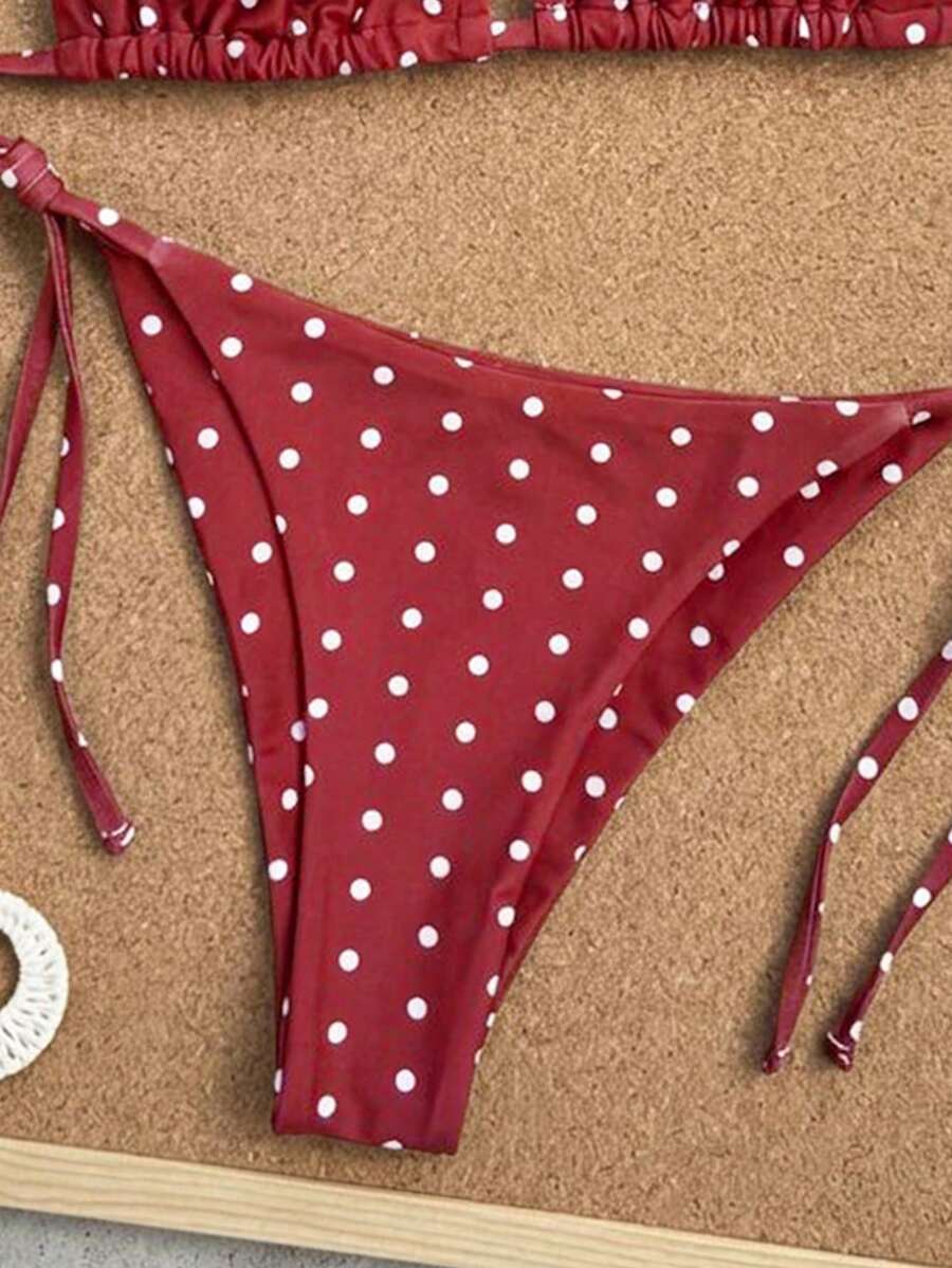Women's high waist 2-piece triangle bikini set featuring colorblock trim, halter neckline, wireless bra with removable padding, and tie-side bottoms.