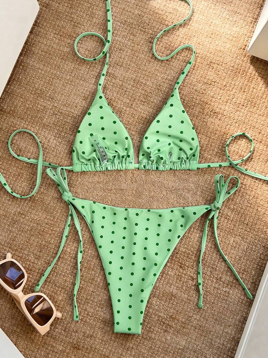 Women's high waist 2-piece triangle bikini set featuring colorblock trim, halter neckline, wireless bra with removable padding, and tie-side bottoms.
