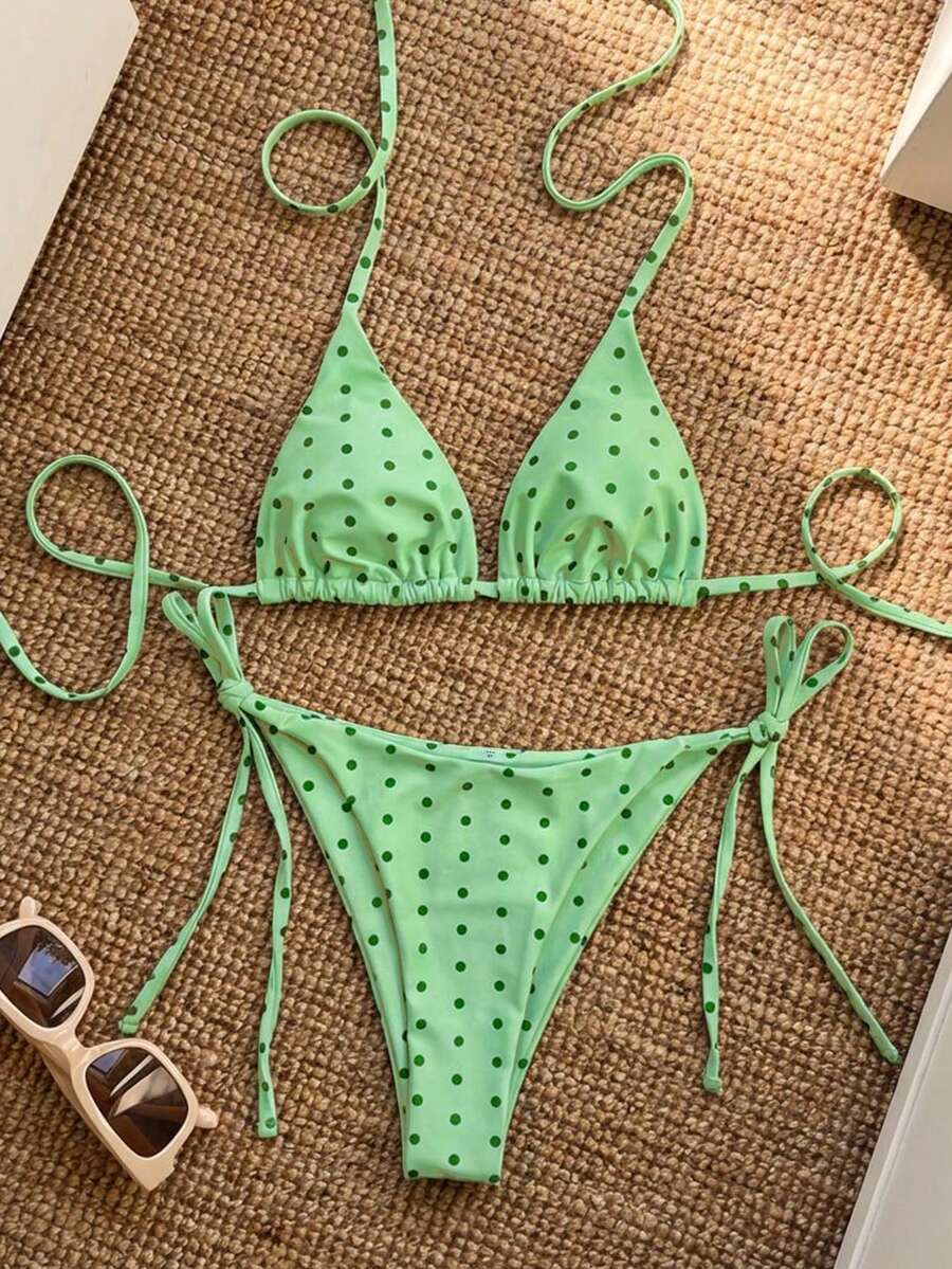 Women's high waist 2-piece triangle bikini set featuring colorblock trim, halter neckline, wireless bra with removable padding, and tie-side bottoms.