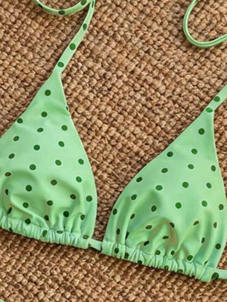 Women's high waist 2-piece triangle bikini set featuring colorblock trim, halter neckline, wireless bra with removable padding, and tie-side bottoms.