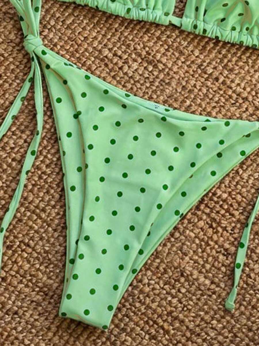 Women's high waist 2-piece triangle bikini set featuring colorblock trim, halter neckline, wireless bra with removable padding, and tie-side bottoms.