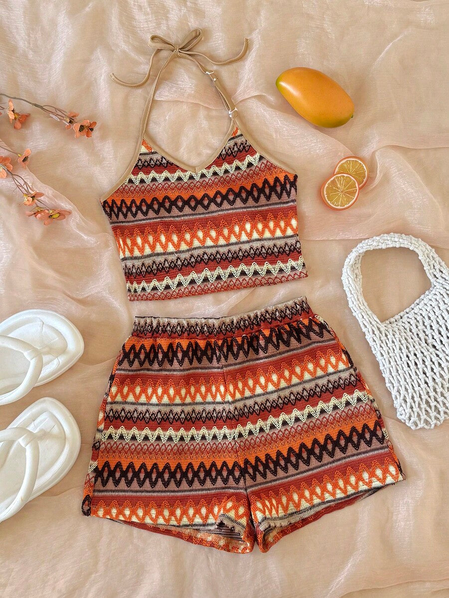 Tween girls apricot knitted texture halter top and elastic waistband shorts set.