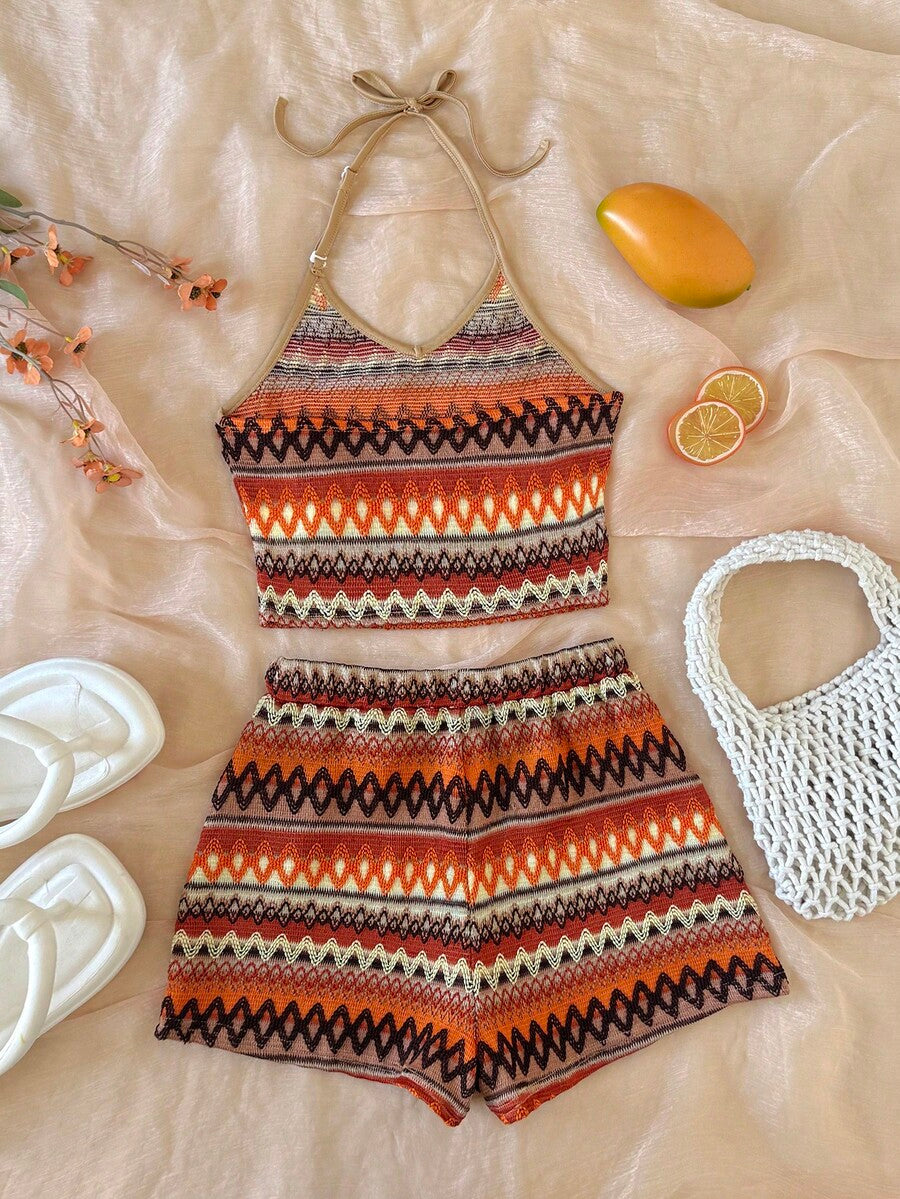 Tween girls apricot knitted texture halter top and elastic waistband shorts set.