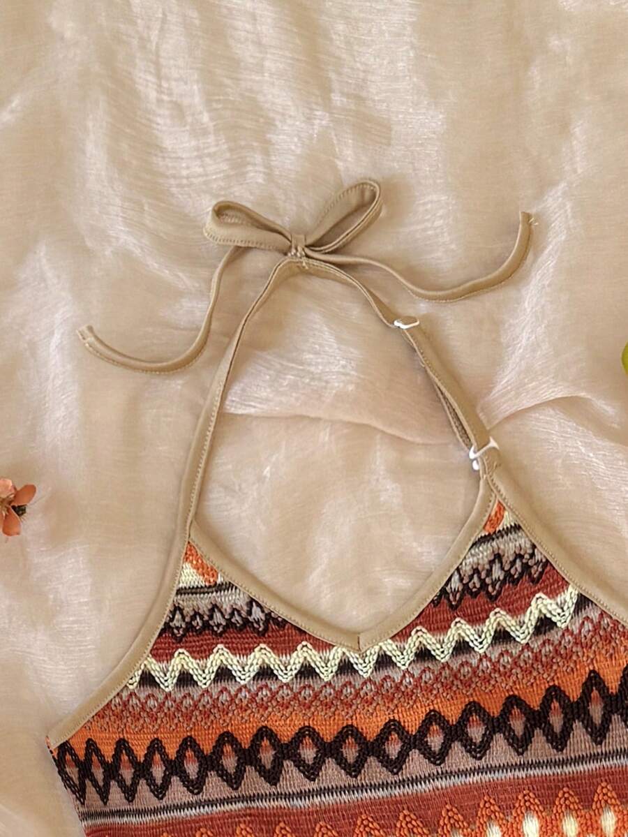 Tween girls apricot knitted texture halter top and elastic waistband shorts set.