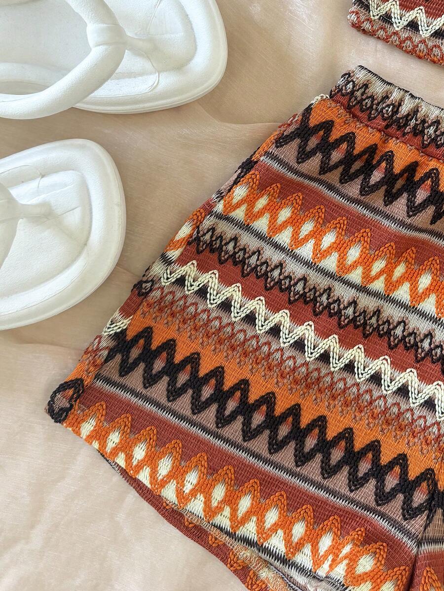 Tween girls apricot knitted texture halter top and elastic waistband shorts set.