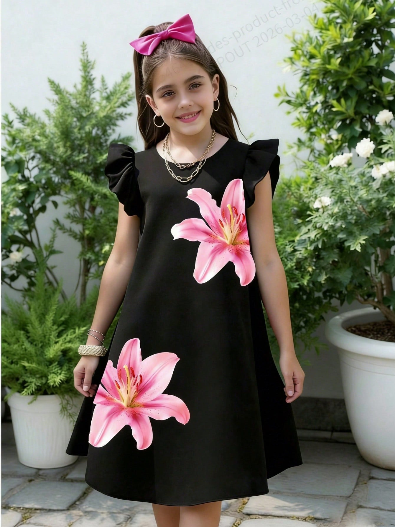 Tween girls sleeveless tropical floral mini dress in black with round neck and ruffle hem detail