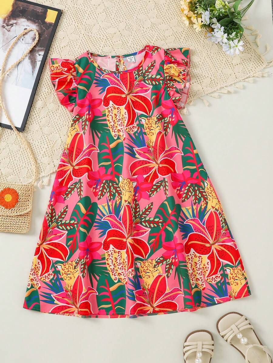 Tween girls sleeveless tropical floral mini dress in black with round neck and ruffle hem detail