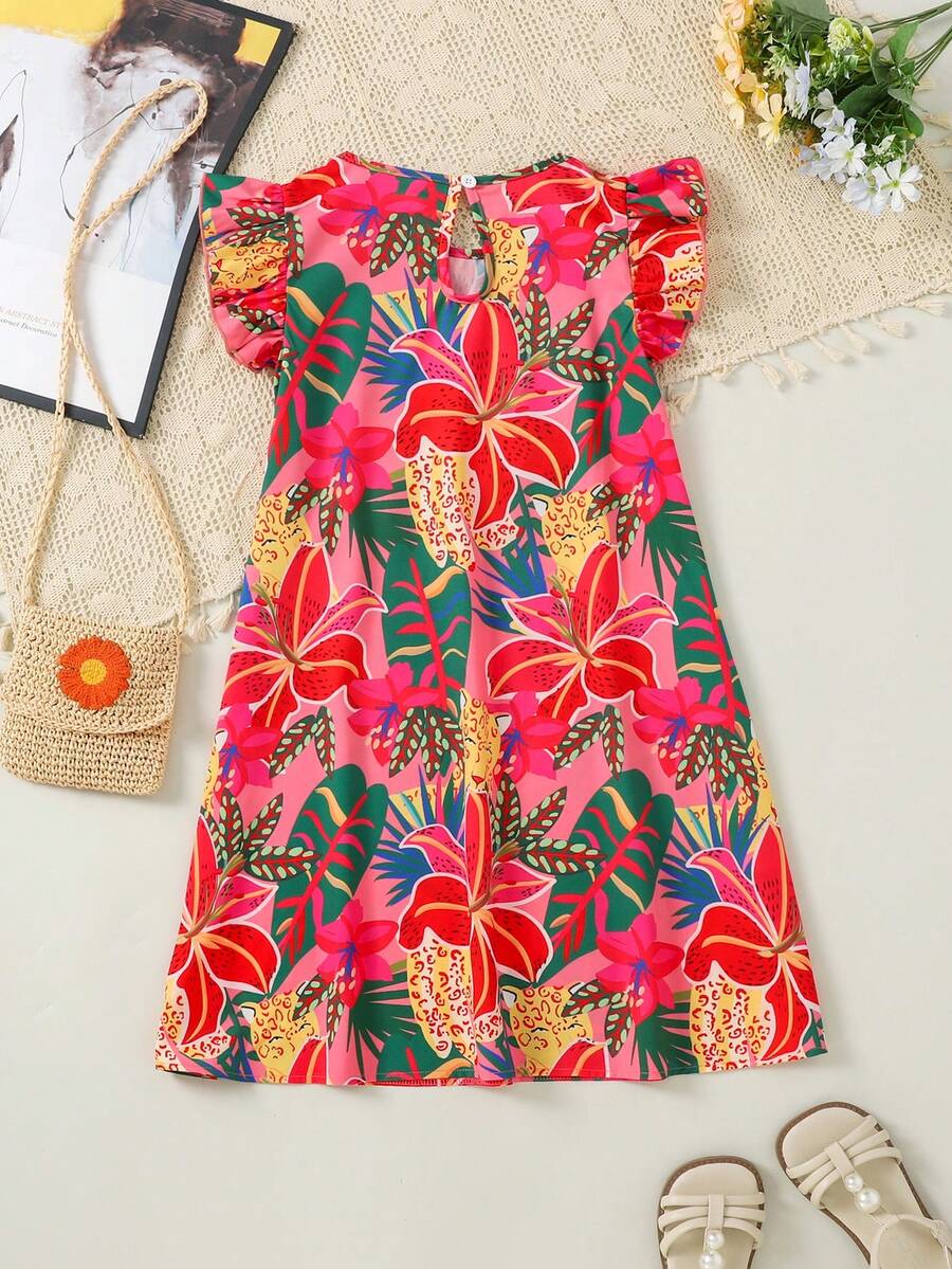 Tween girls sleeveless tropical floral mini dress in black with round neck and ruffle hem detail