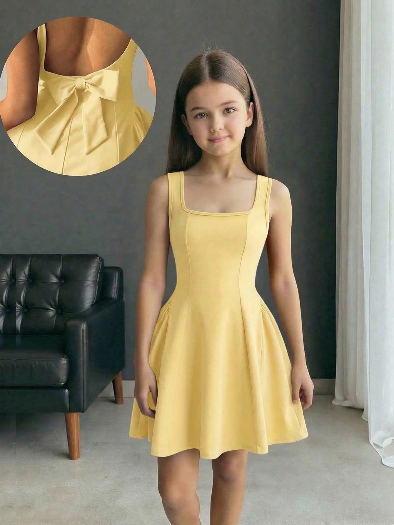 Apricot short-sleeve holiday party dress for tween girls featuring a square neckline, contrast lace details, high waist, flared A-line hem, and bowknot ruffle back detail.