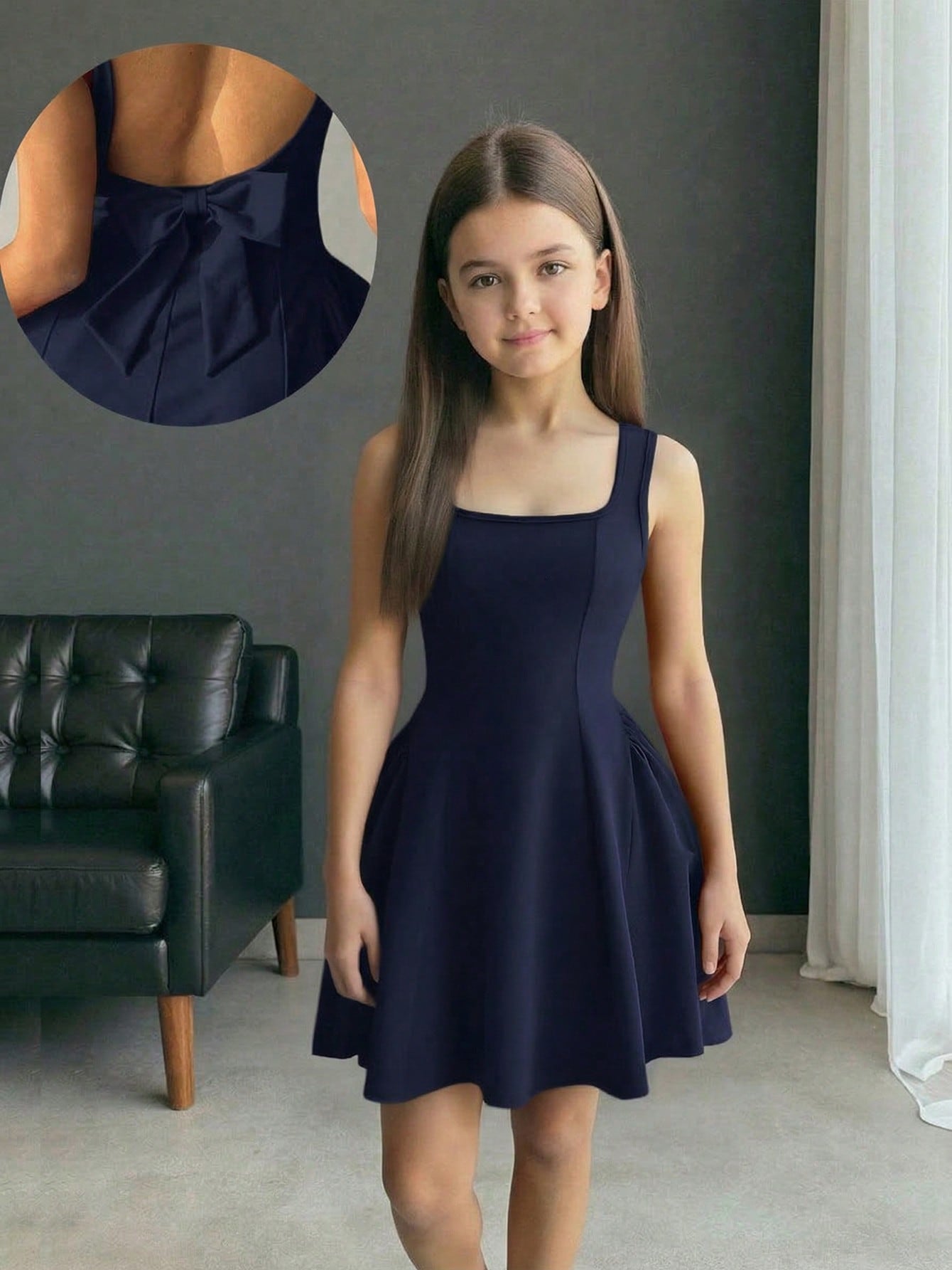 Apricot short-sleeve holiday party dress for tween girls featuring a square neckline, contrast lace details, high waist, flared A-line hem, and bowknot ruffle back detail.
