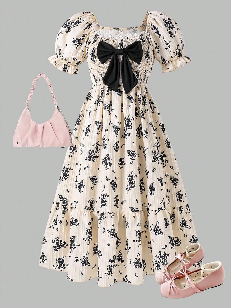 ChillGRL square neck short puff sleeve A-line long dress for teen girls featuring shirred high waist detailing and a flounce hem.