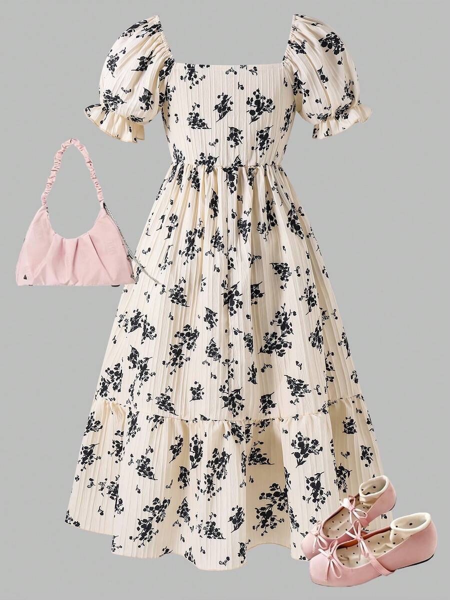 ChillGRL square neck short puff sleeve A-line long dress for teen girls featuring shirred high waist detailing and a flounce hem.