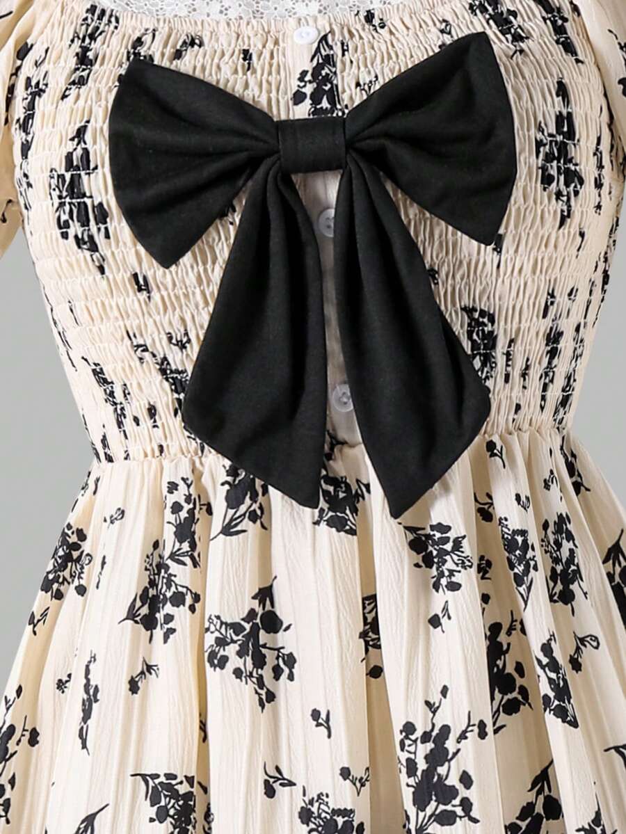 ChillGRL square neck short puff sleeve A-line long dress for teen girls featuring shirred high waist detailing and a flounce hem.