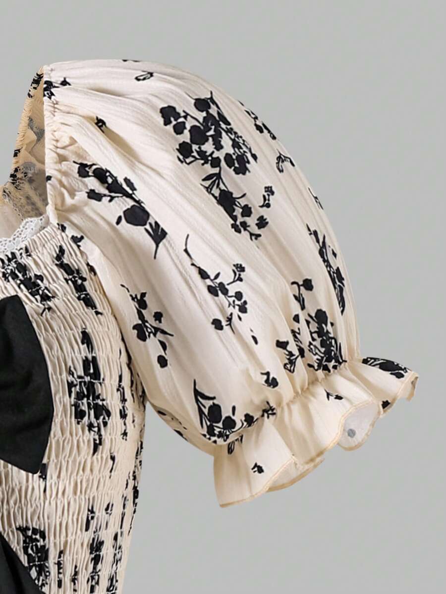 ChillGRL square neck short puff sleeve A-line long dress for teen girls featuring shirred high waist detailing and a flounce hem.