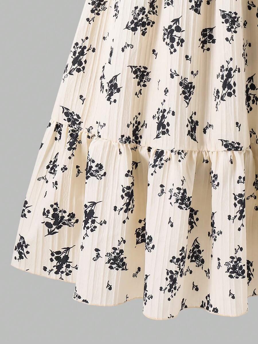 ChillGRL square neck short puff sleeve A-line long dress for teen girls featuring shirred high waist detailing and a flounce hem.