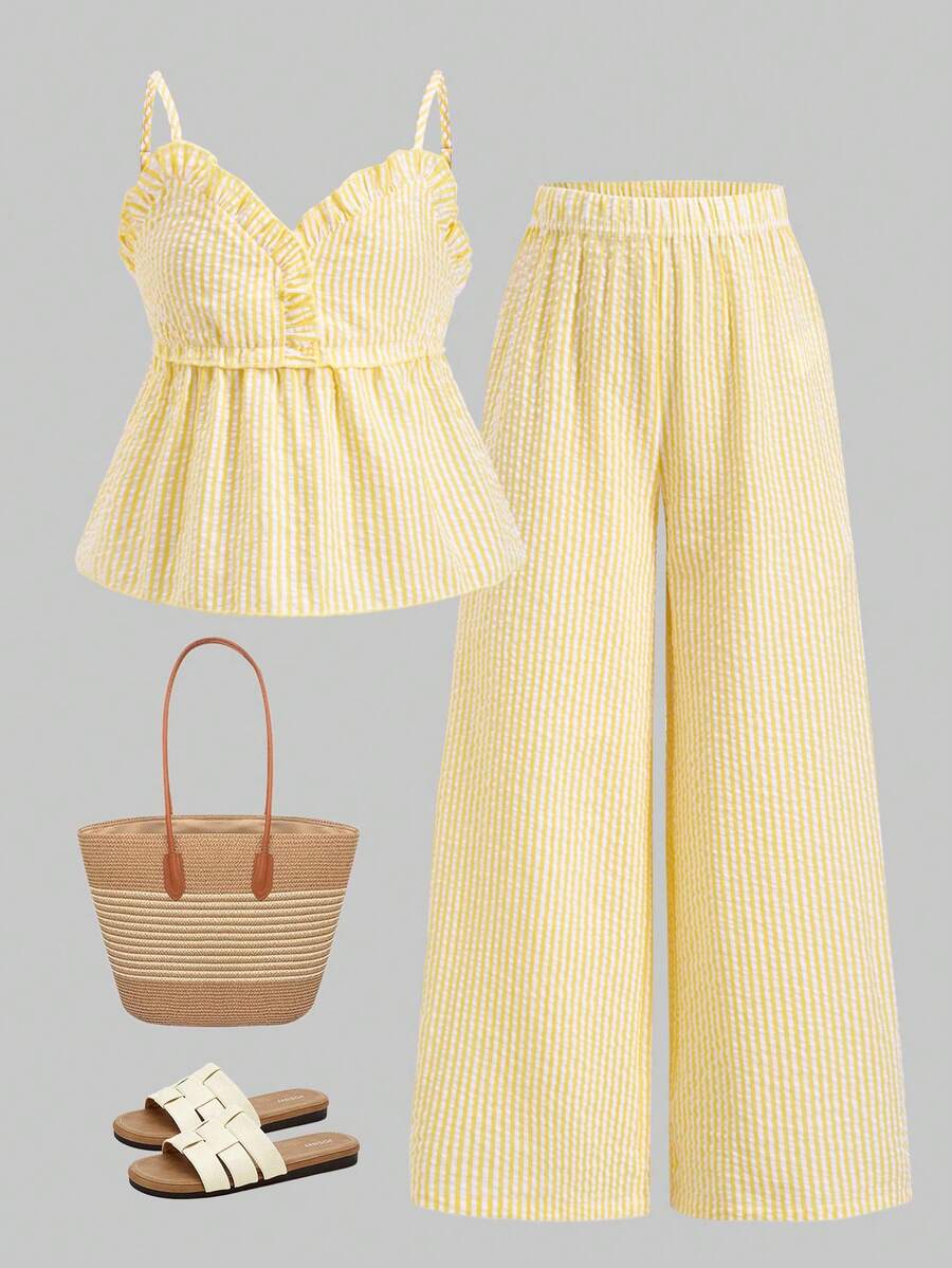 Tween girls 2-piece set featuring a short V-neck ruffle camisole top and matching long pants made of bubble crinkle fabric.