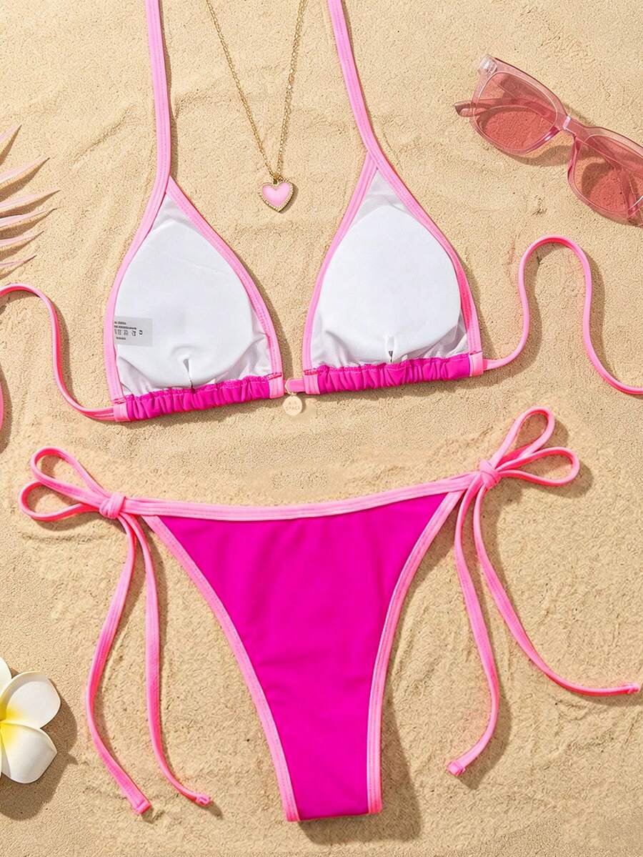 Women's high waist 2-piece triangle bikini set featuring colorblock trim, halter neckline, wireless bra with removable padding, and tie-side bottoms.