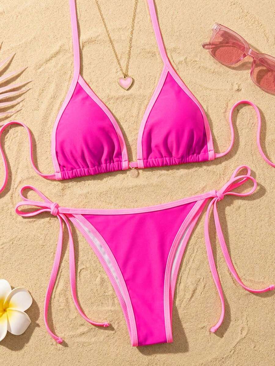 Women's high waist 2-piece triangle bikini set featuring colorblock trim, halter neckline, wireless bra with removable padding, and tie-side bottoms.