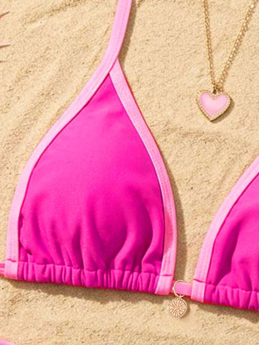 Women's high waist 2-piece triangle bikini set featuring colorblock trim, halter neckline, wireless bra with removable padding, and tie-side bottoms.