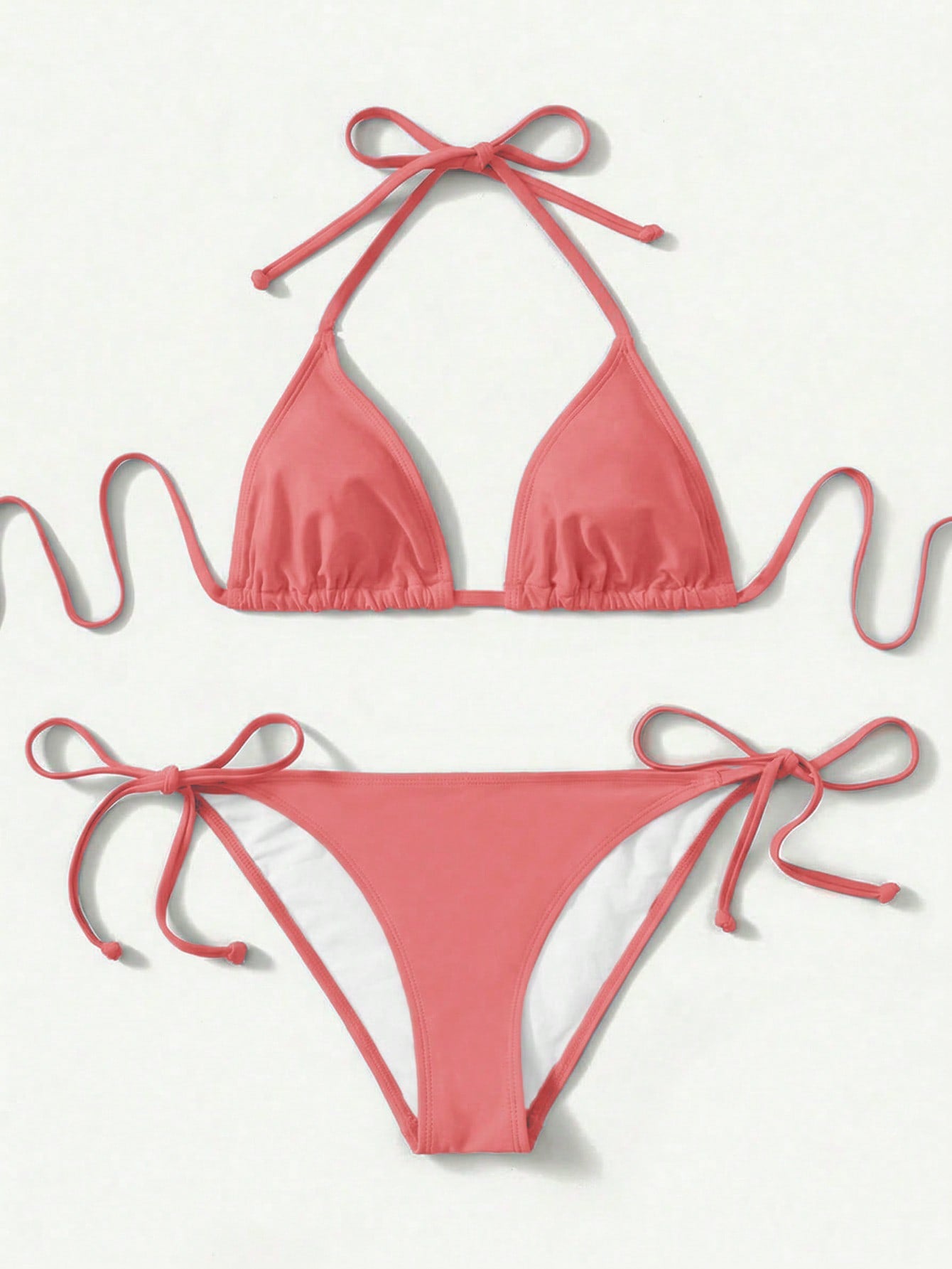 Women's high waist halter tie bikini swimwear set featuring triangle cups, wireless bra with removable padding, and tie side bottoms.