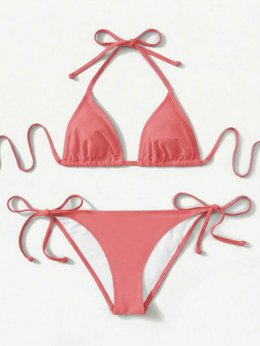 Women's high waist halter tie bikini swimwear set featuring triangle cups, wireless bra with removable padding, and tie side bottoms.