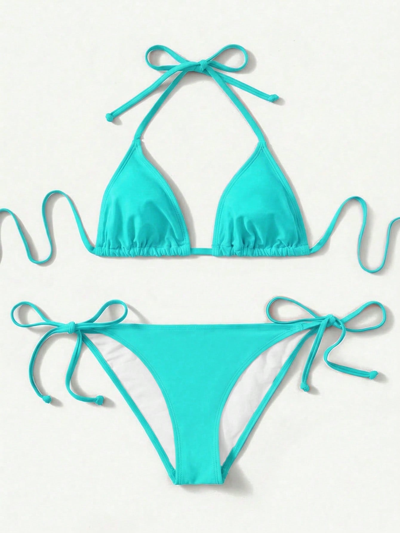 Women's high waist halter tie bikini swimwear set featuring triangle cups, wireless bra with removable padding, and tie side bottoms.
