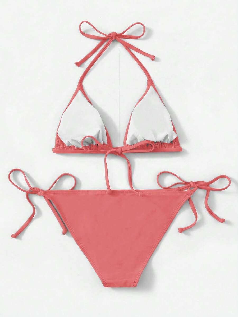 Women's high waist halter tie bikini swimwear set featuring triangle cups, wireless bra with removable padding, and tie side bottoms.