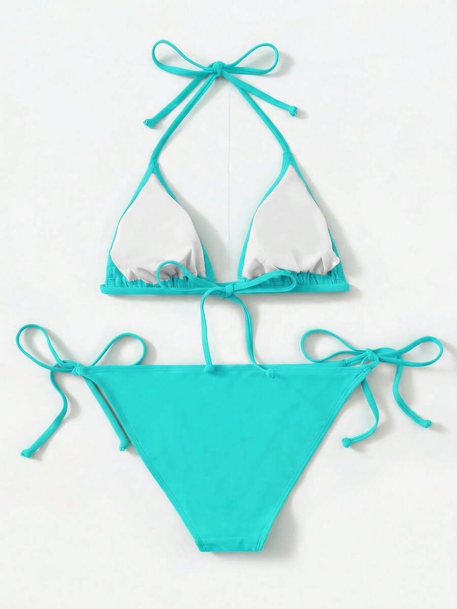 Women's high waist halter tie bikini swimwear set featuring triangle cups, wireless bra with removable padding, and tie side bottoms.