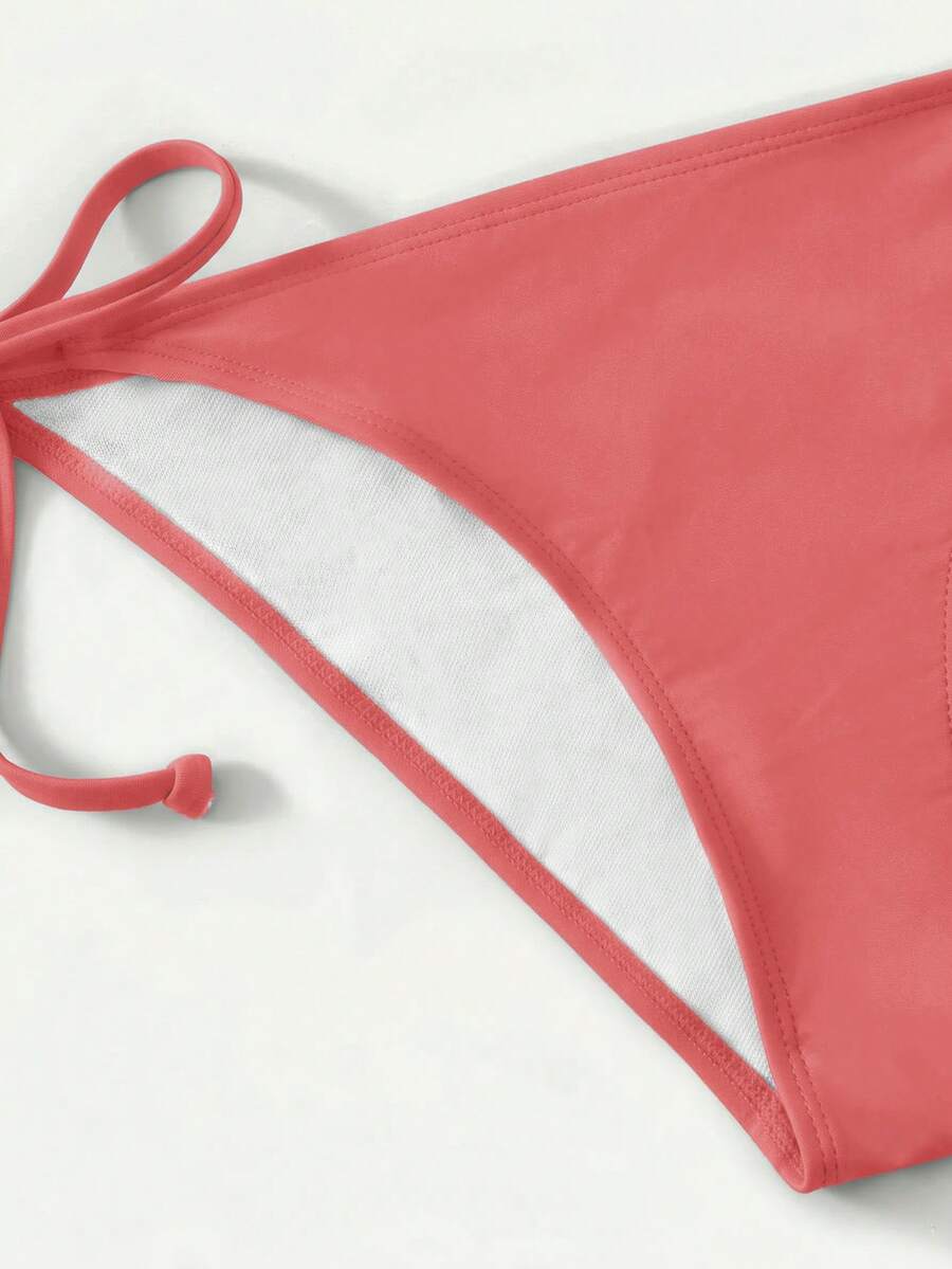 Women's high waist halter tie bikini swimwear set featuring triangle cups, wireless bra with removable padding, and tie side bottoms.