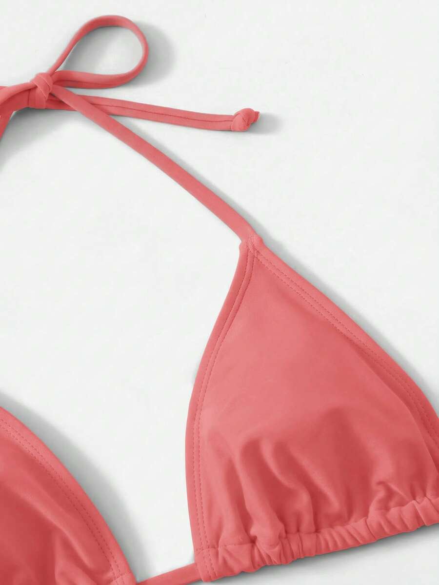 Women's high waist halter tie bikini swimwear set featuring triangle cups, wireless bra with removable padding, and tie side bottoms.