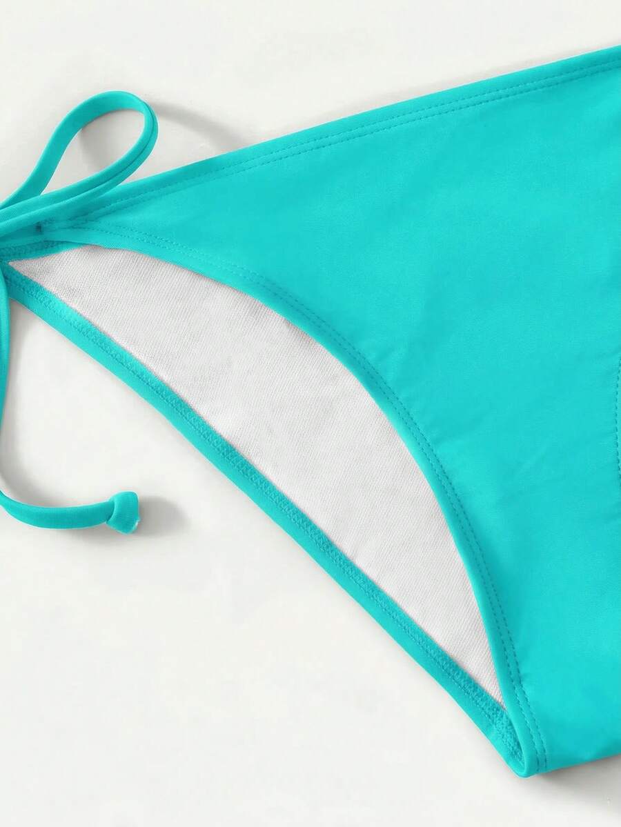 Women's high waist halter tie bikini swimwear set featuring triangle cups, wireless bra with removable padding, and tie side bottoms.