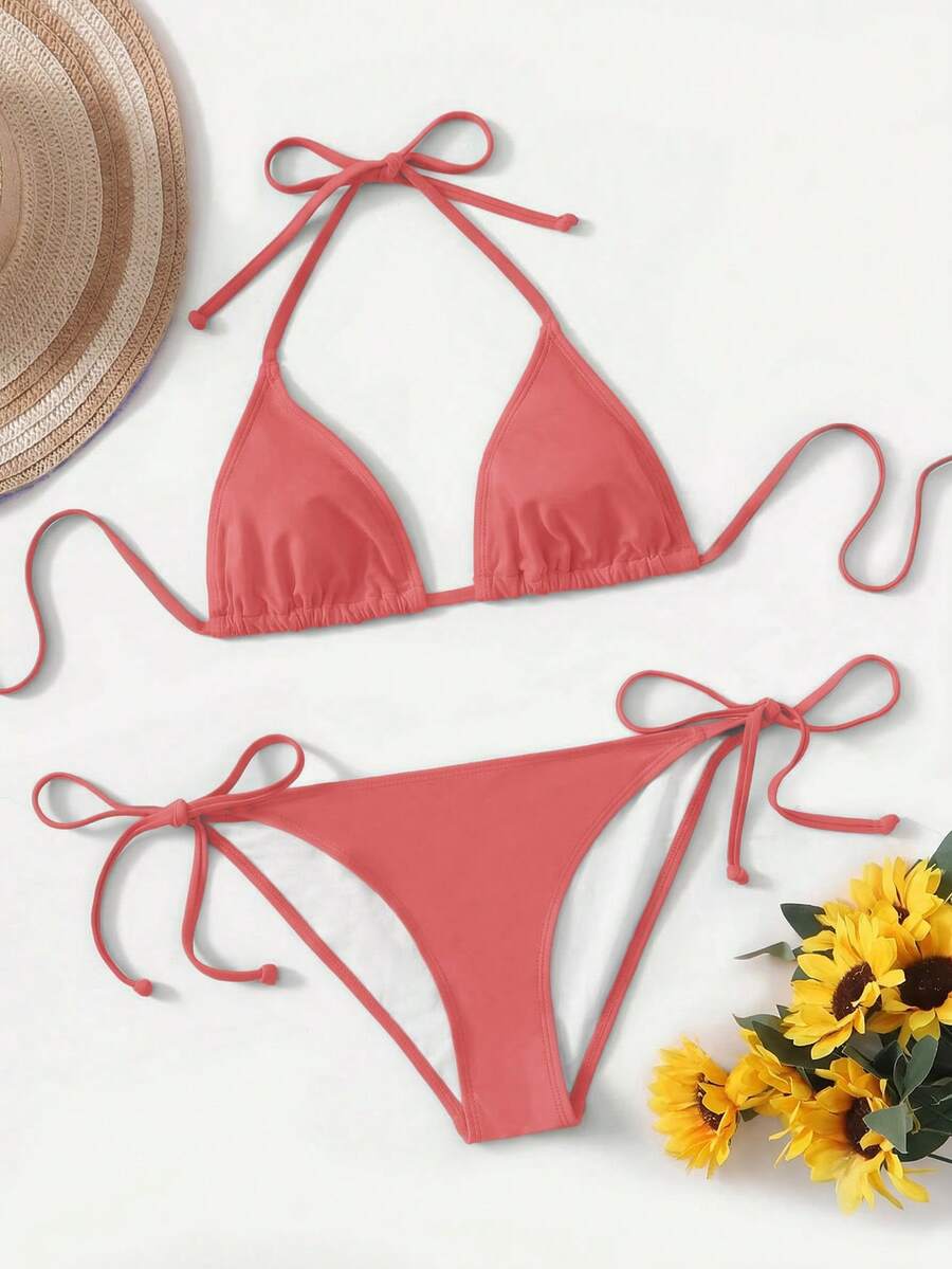 Women's high waist halter tie bikini swimwear set featuring triangle cups, wireless bra with removable padding, and tie side bottoms.