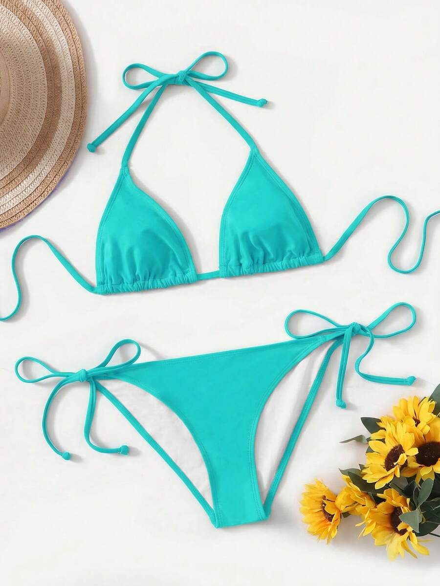 Women's high waist halter tie bikini swimwear set featuring triangle cups, wireless bra with removable padding, and tie side bottoms.