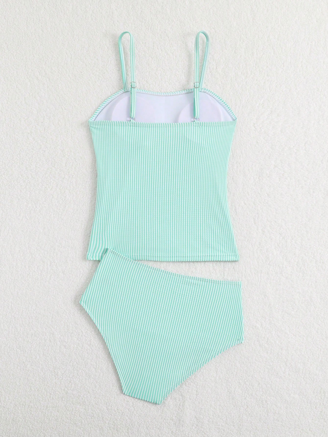 Tween Girl Striped Two Pieces Tankini Swimwear,Cute Orange And White Textured Ruched Design Cami Bathing Suit,Summer Beach Holiday Vacation Swimwear