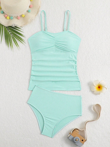 Tween Girl Striped Two Pieces Tankini Swimwear,Cute Orange And White Textured Ruched Design Cami Bathing Suit,Summer Beach Holiday Vacation Swimwear
