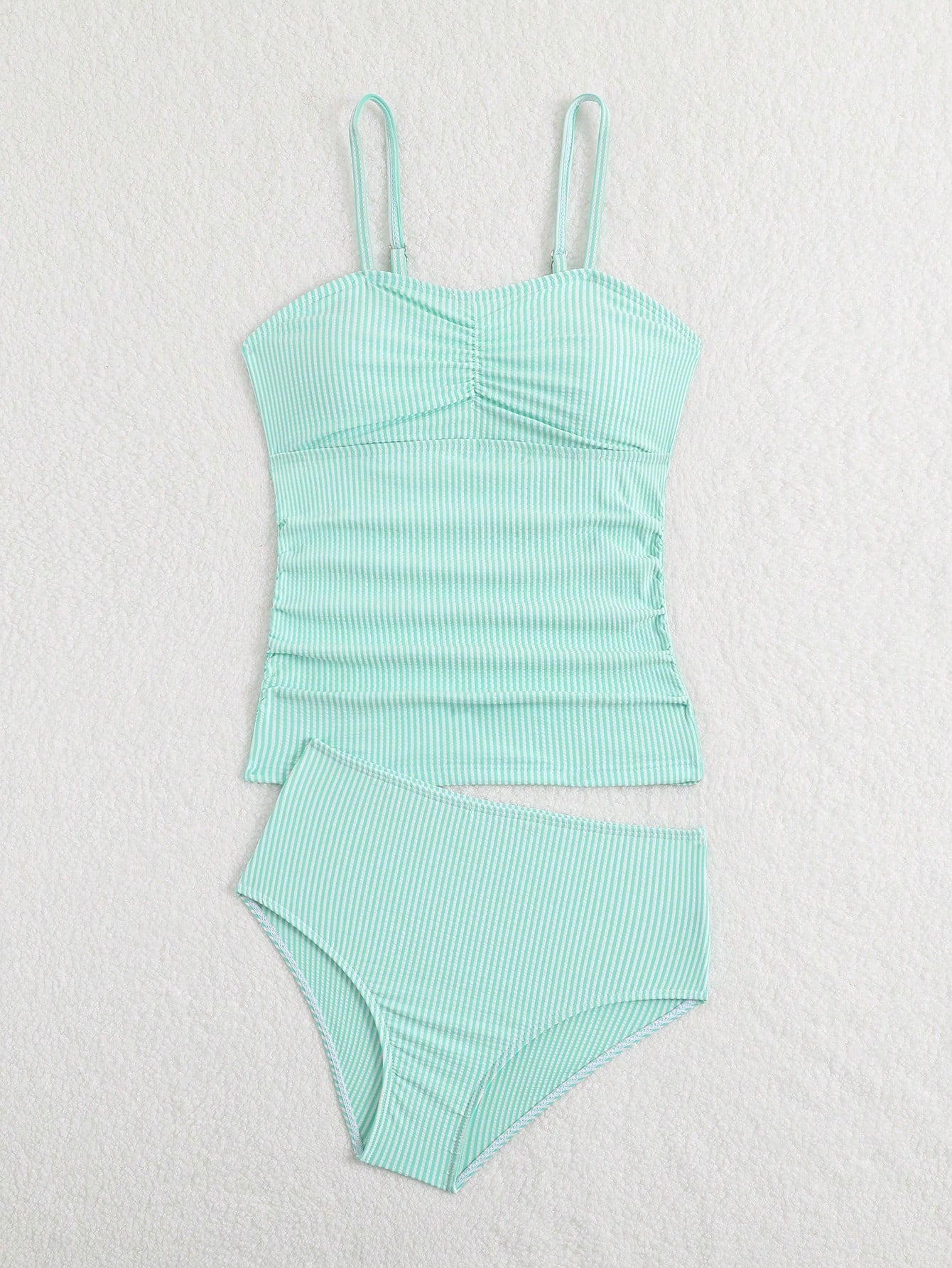 Tween Girl Striped Two Pieces Tankini Swimwear,Cute Orange And White Textured Ruched Design Cami Bathing Suit,Summer Beach Holiday Vacation Swimwear