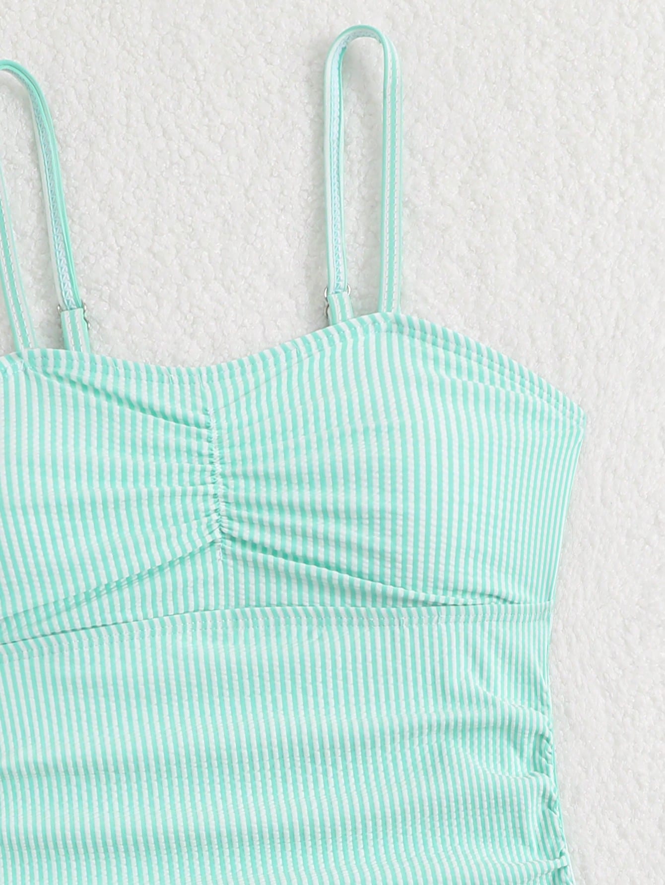 Tween Girl Striped Two Pieces Tankini Swimwear,Cute Orange And White Textured Ruched Design Cami Bathing Suit,Summer Beach Holiday Vacation Swimwear
