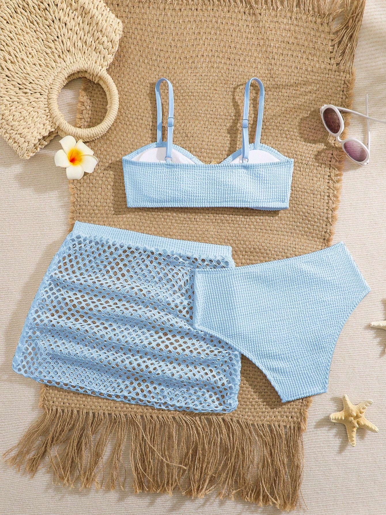 Pink Summer Cute Beach Holiday Tween Girl Elegant Bikini Set With Starfish Decor,Ruffle Beach Dress 3-Piece Children's Swimwear For Teenagers,Vacation