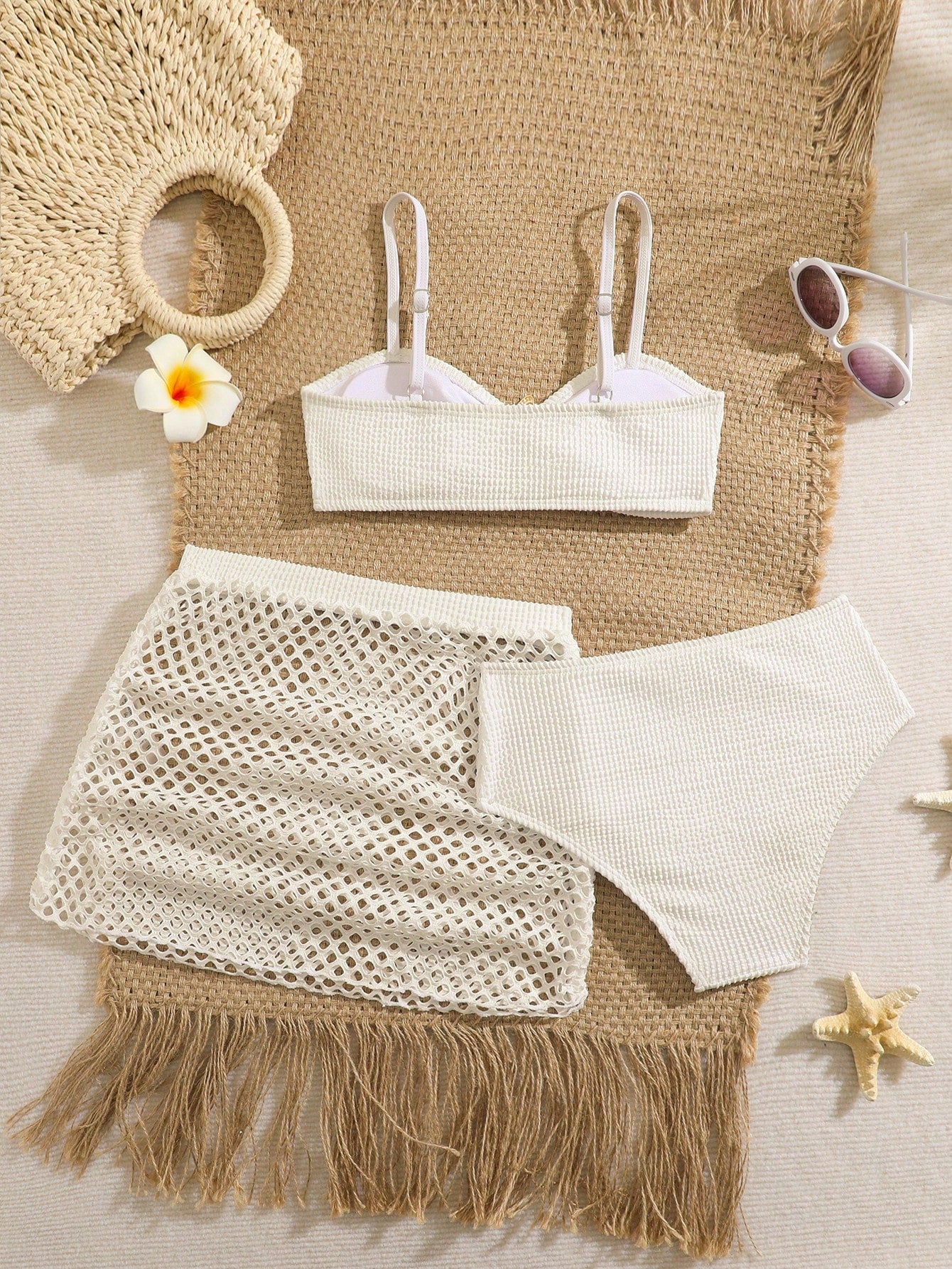 Pink Summer Cute Beach Holiday Tween Girl Elegant Bikini Set With Starfish Decor,Ruffle Beach Dress 3-Piece Children's Swimwear For Teenagers,Vacation