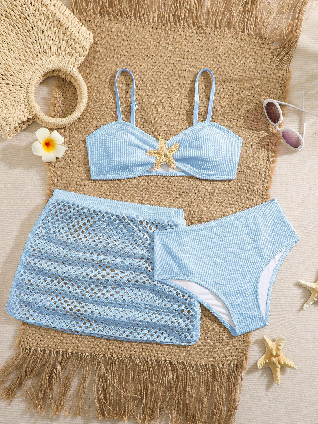 Pink Summer Cute Beach Holiday Tween Girl Elegant Bikini Set With Starfish Decor,Ruffle Beach Dress 3-Piece Children's Swimwear For Teenagers,Vacation