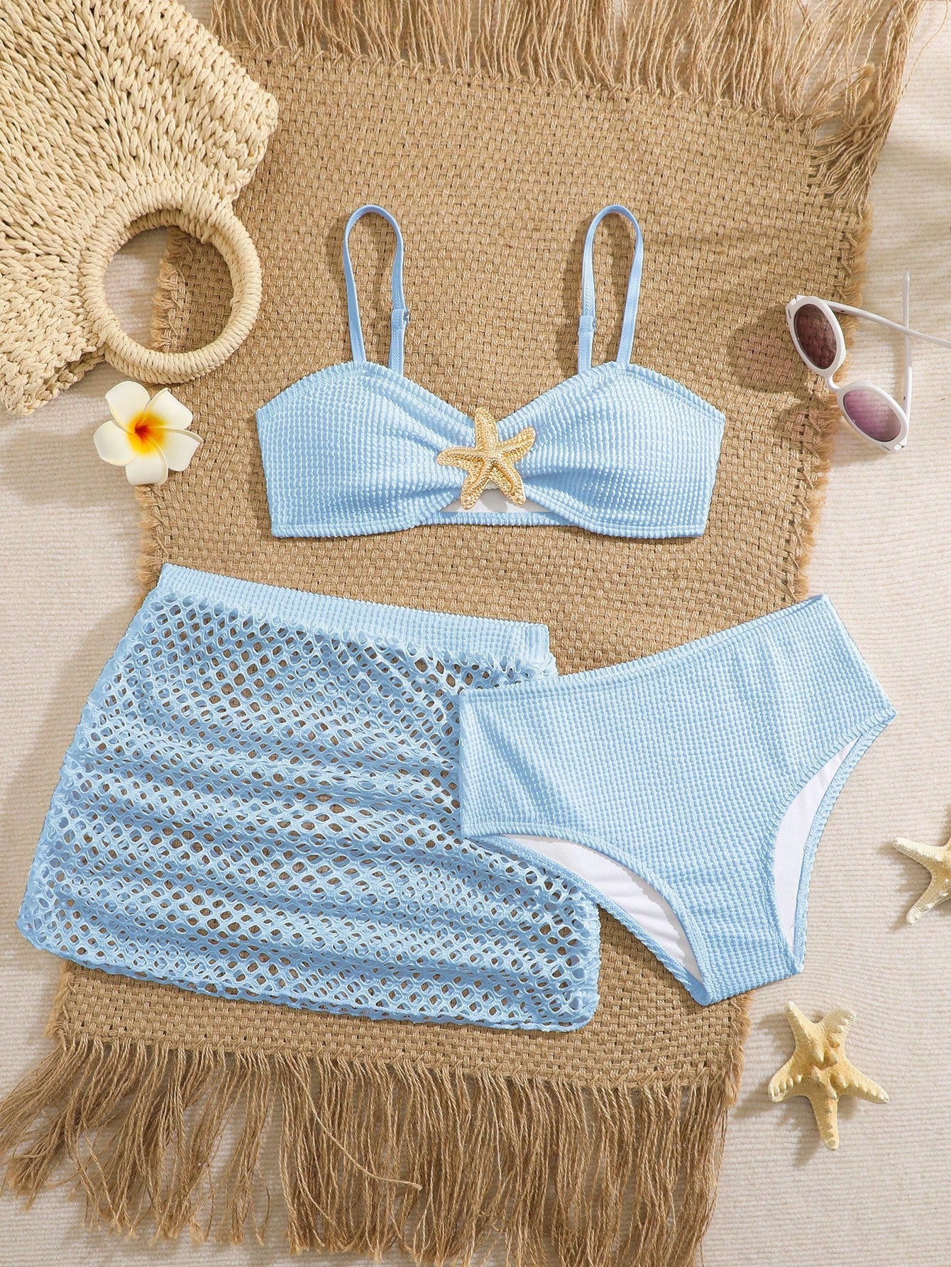 Pink Summer Cute Beach Holiday Tween Girl Elegant Bikini Set With Starfish Decor,Ruffle Beach Dress 3-Piece Children's Swimwear For Teenagers,Vacation