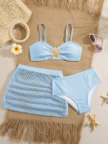 Pink Summer Cute Beach Holiday Tween Girl Elegant Bikini Set With Starfish Decor,Ruffle Beach Dress 3-Piece Children's Swimwear For Teenagers,Vacation