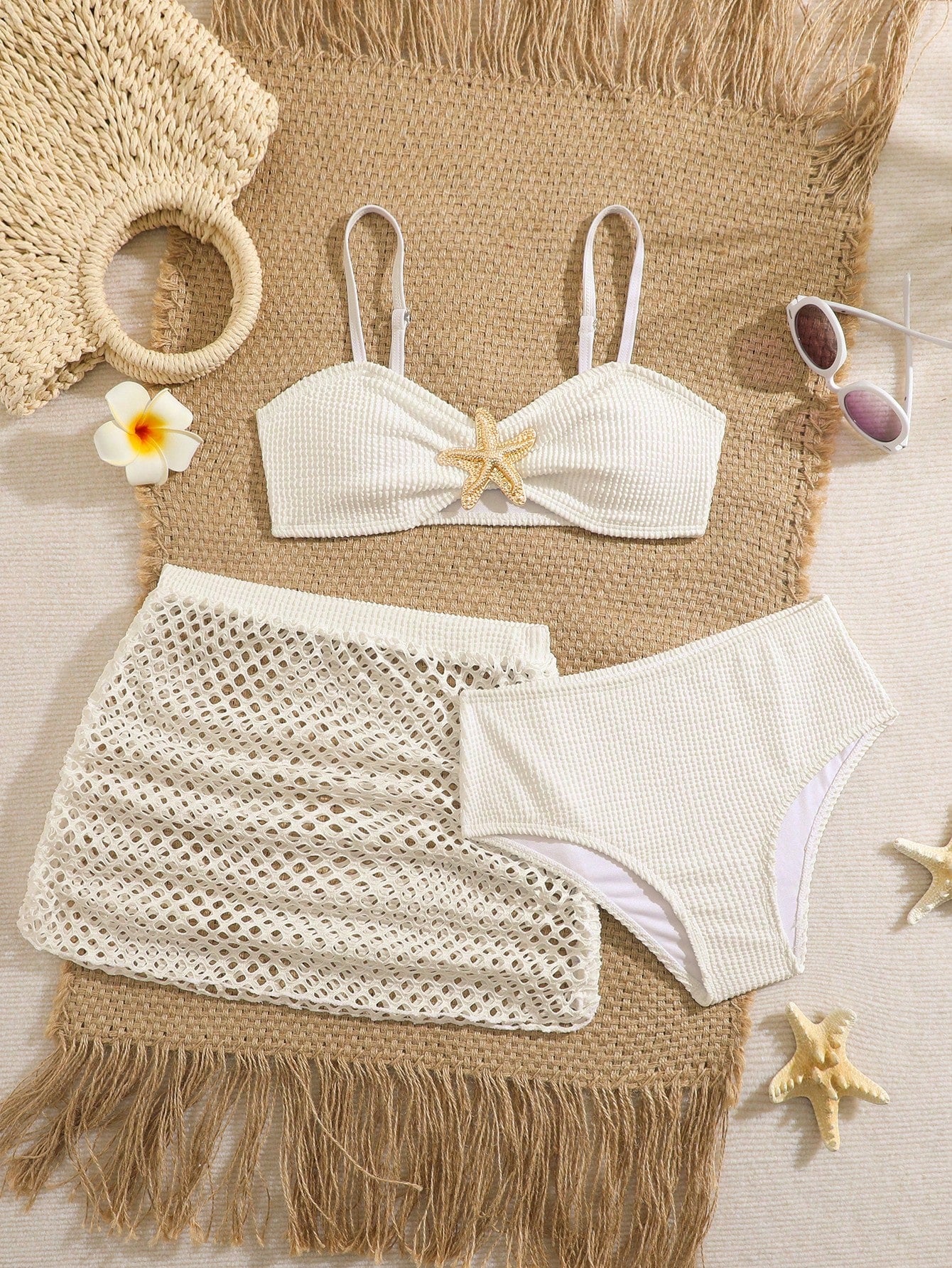 Pink Summer Cute Beach Holiday Tween Girl Elegant Bikini Set With Starfish Decor,Ruffle Beach Dress 3-Piece Children's Swimwear For Teenagers,Vacation