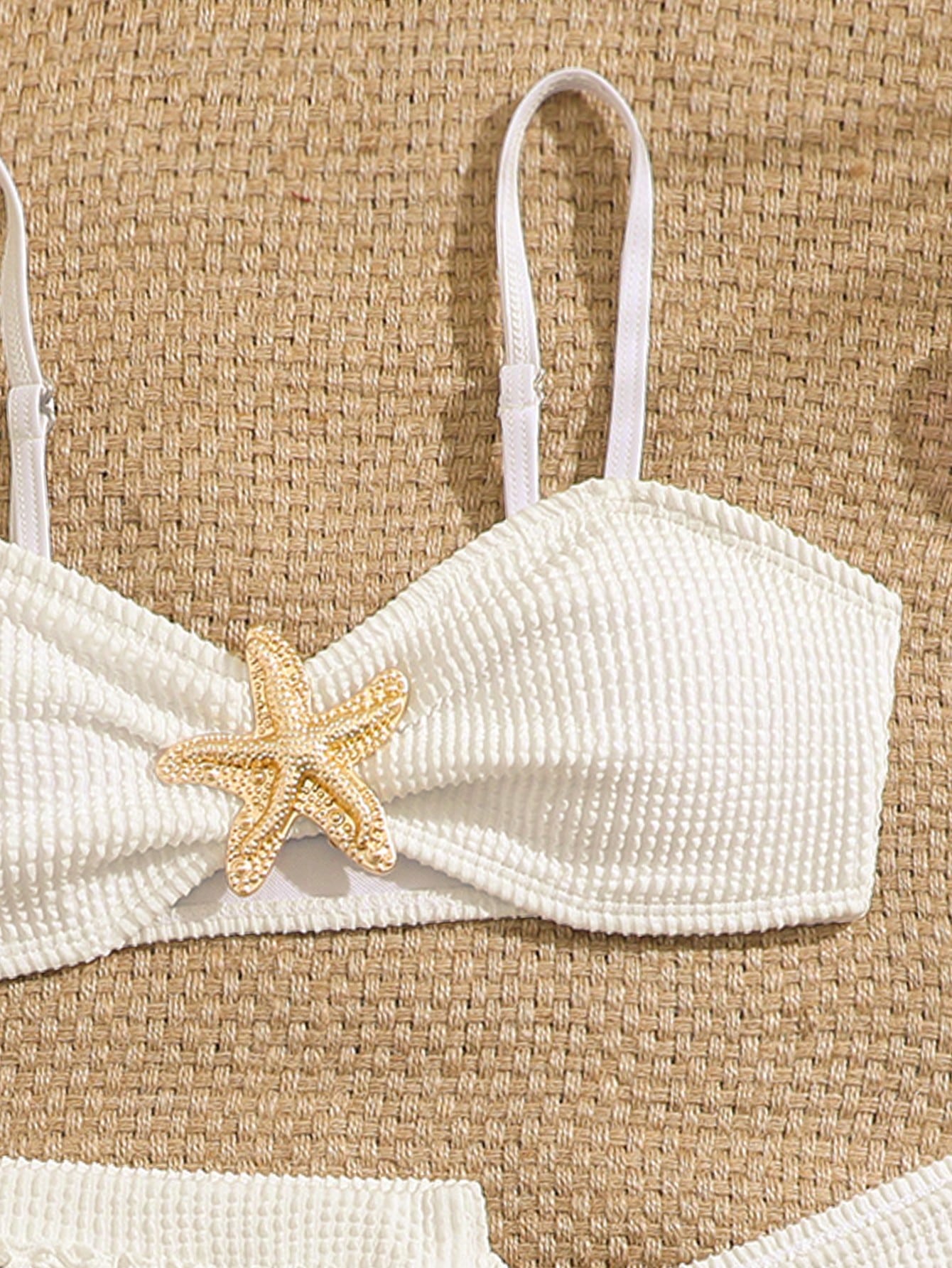 Pink Summer Cute Beach Holiday Tween Girl Elegant Bikini Set With Starfish Decor,Ruffle Beach Dress 3-Piece Children's Swimwear For Teenagers,Vacation