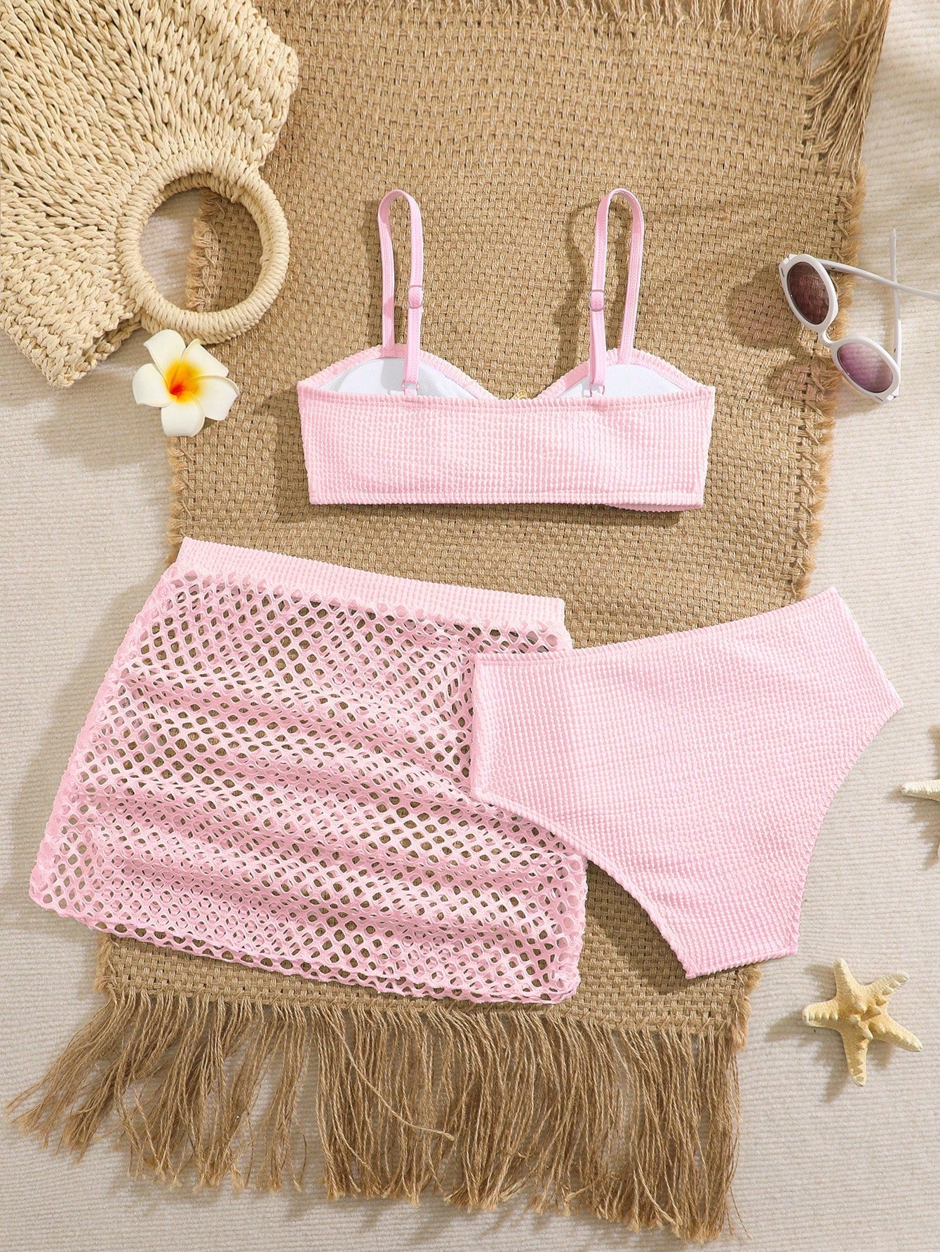 Pink Summer Cute Beach Holiday Tween Girl Elegant Bikini Set With Starfish Decor,Ruffle Beach Dress 3-Piece Children's Swimwear For Teenagers,Vacation